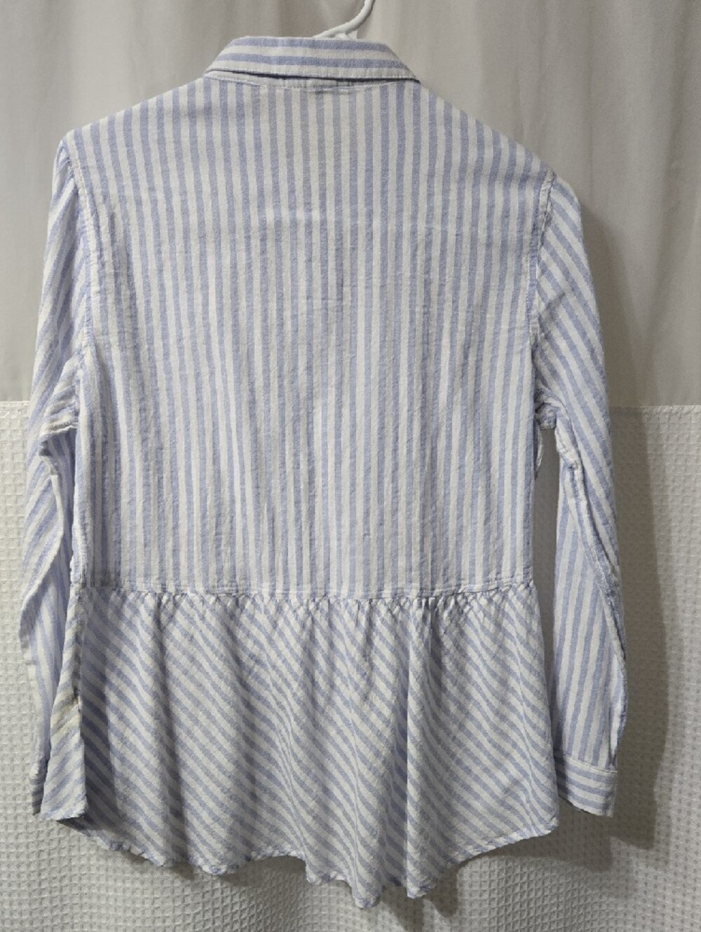 Love Notes Blue and White Striped Button-Front Peplum Blouse - Picture 3 of 4